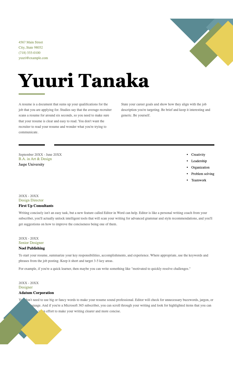 Geometric resume - Modern two-column resume template with geometric accents. Perfect for creative professionals showcasing education, skills, and experience.